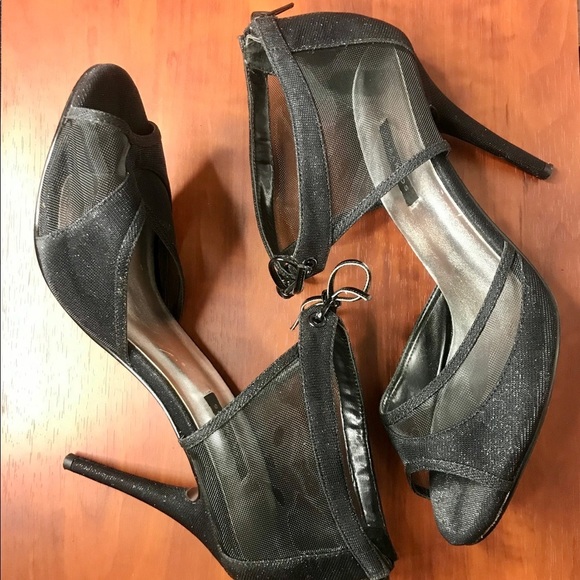 Caparros Mesh Tie Peep Toe Black Dress Heels - Picture 3 of 6
